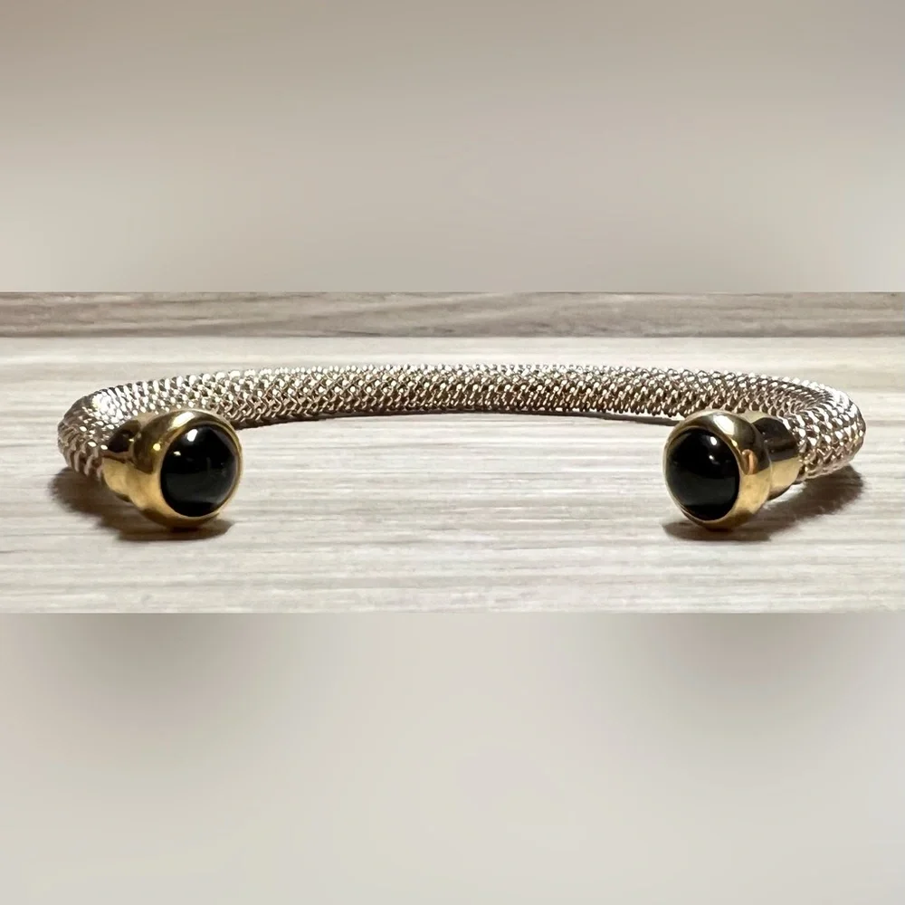 Vintage Designer Sterling Silver & Gold Onyx Cabochon Tip Cuff Bracelet, 7" - Picture 2 of 10